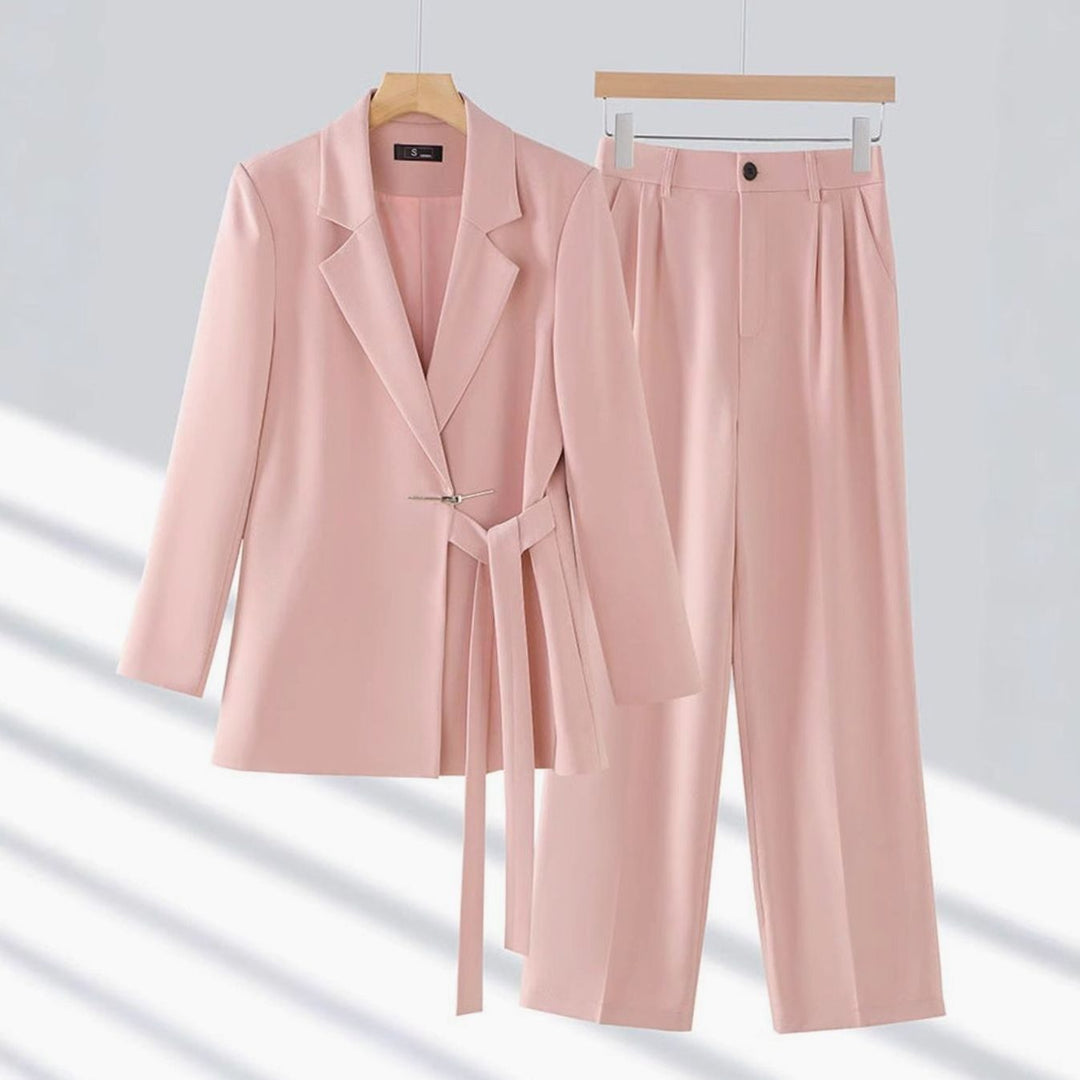 Women's Tailored Belted Blazer Wide-Leg Pants Suit Set - Pink
