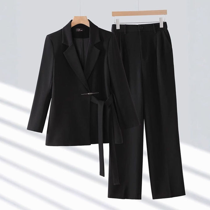 Women's Tailored Belted Blazer Wide-Leg Pants Suit Set - Black