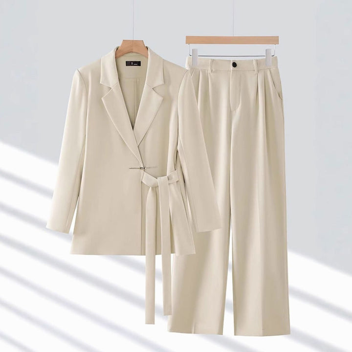 Women's Tailored Belted Blazer Wide-Leg Pants Suit Set - Off White