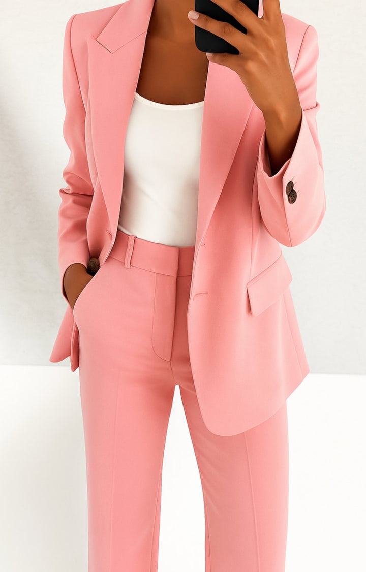 Women's Tailored Blazer Straight-Leg Suit Set - Pink