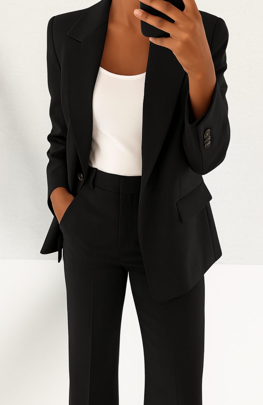 Women's Tailored Blazer Straight-Leg Suit Set - Black
