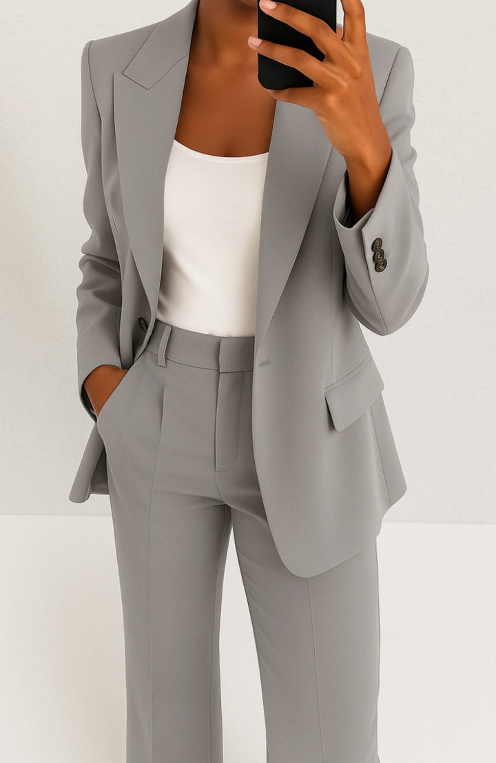 Women's Tailored Blazer Straight-Leg Suit Set - Gray
