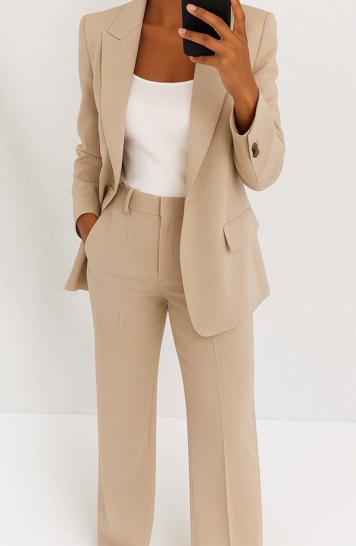 Women's Tailored Blazer Straight-Leg Suit Set - Beige