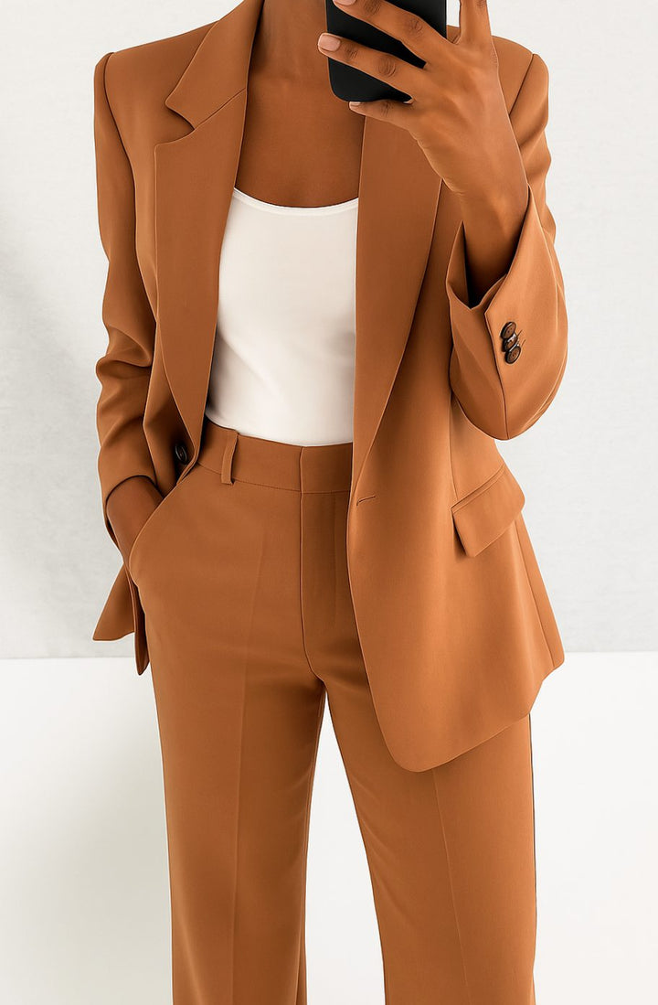 Women's Tailored Blazer Straight-Leg Suit Set - Brown