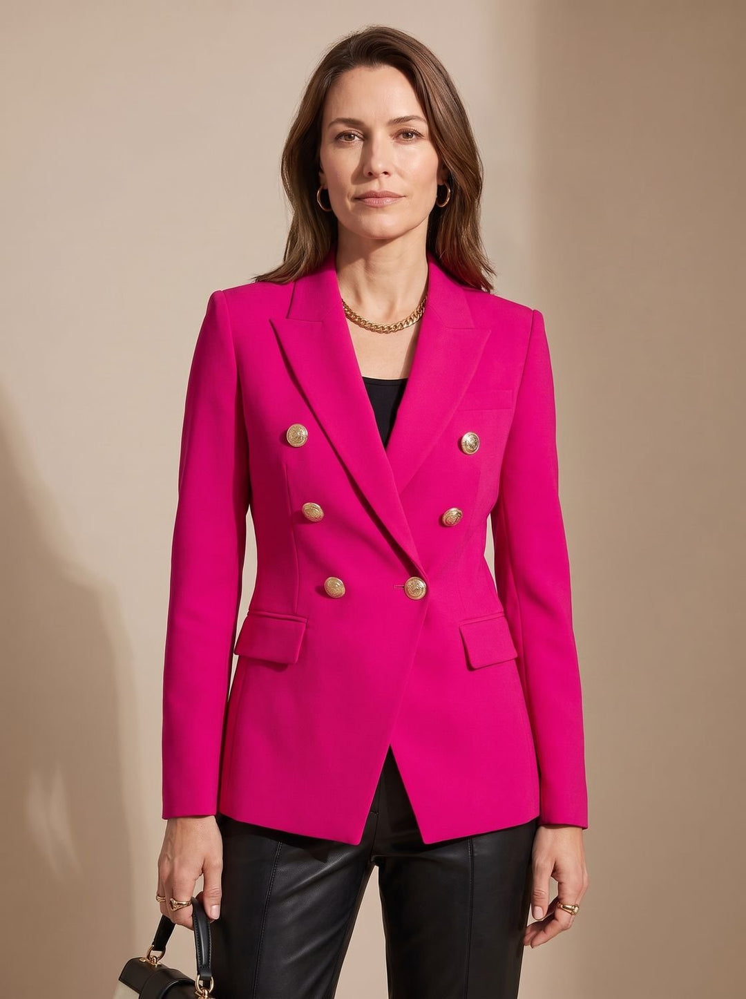 Women's Tailored Double-Breasted Gold-Button Blazer - Pink