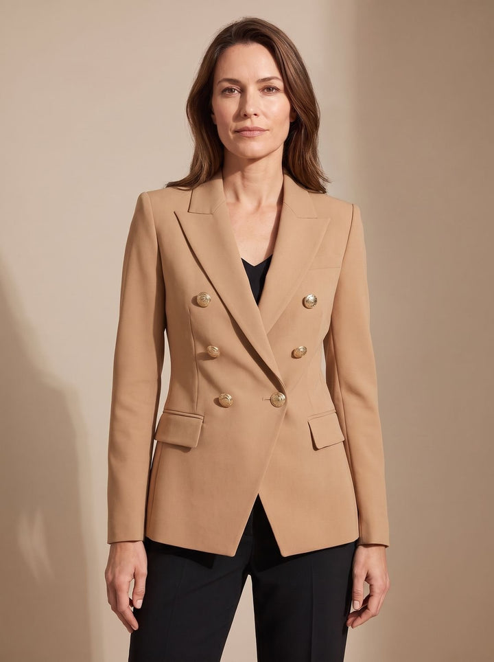Women's Tailored Double-Breasted Gold-Button Blazer - Khaki