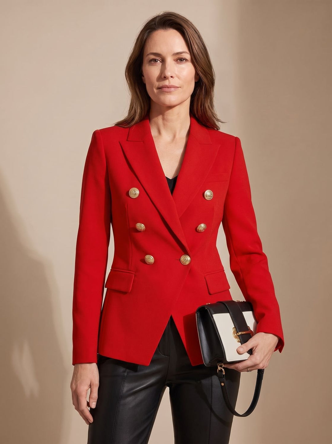 Women's Tailored Double-Breasted Gold-Button Blazer - Red