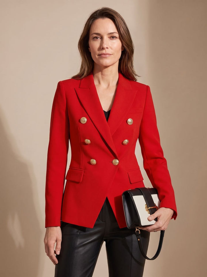Women's Tailored Double-Breasted Gold-Button Blazer - Red