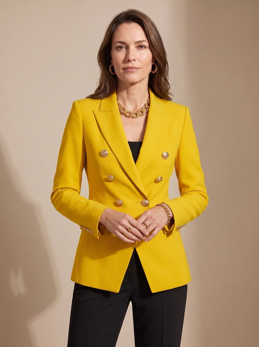 Women's Tailored Double-Breasted Gold-Button Blazer - Yellow