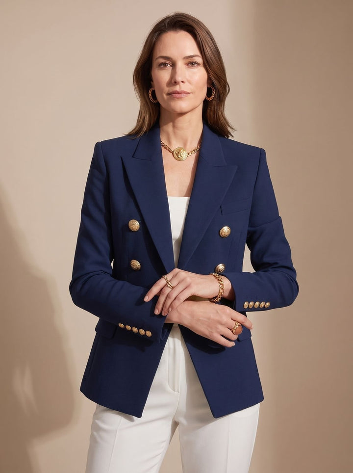 Women's Tailored Double-Breasted Gold-Button Blazer - Black