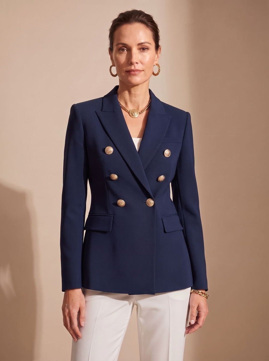 Women's Tailored Double-Breasted Gold-Button Blazer, Navy Blue - Black