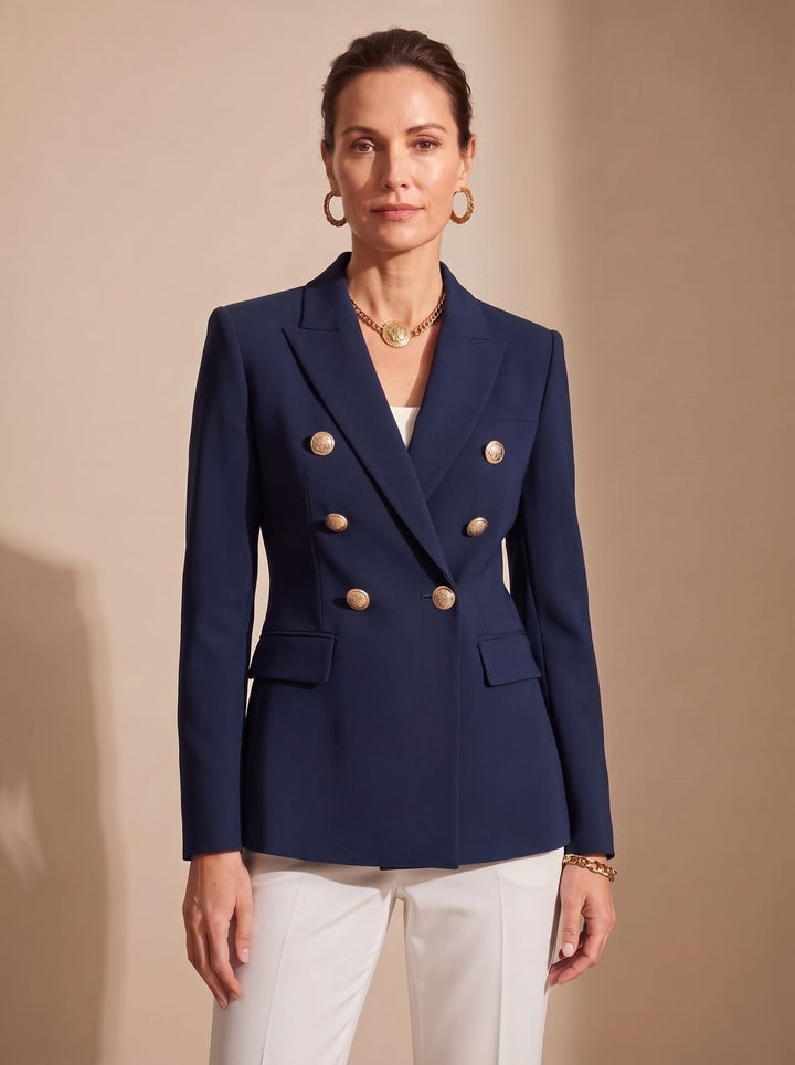 Women's Tailored Double-Breasted Gold-Button Blazer, Navy Blue - Black