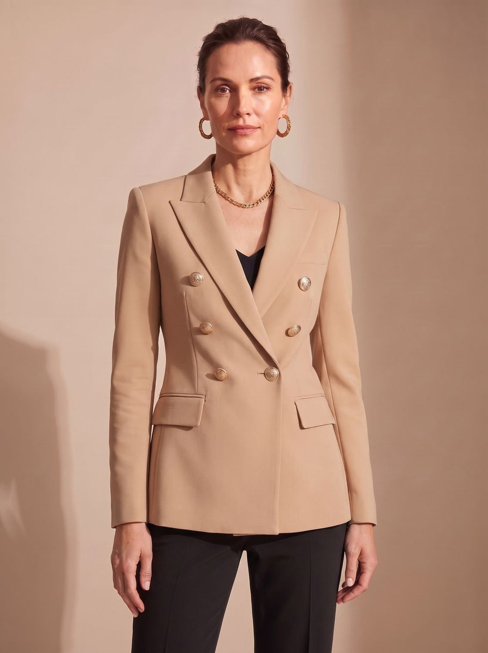 Women's Tailored Double-Breasted Gold-Button Blazer, Navy Blue - Khaki