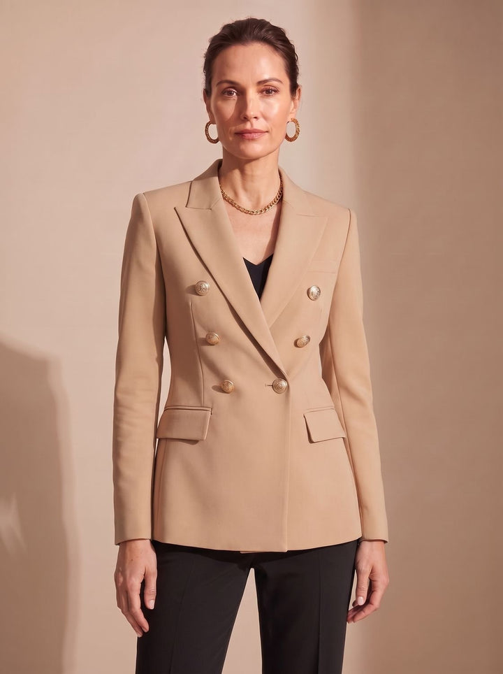 Women's Tailored Double-Breasted Gold-Button Blazer, Navy Blue - Khaki