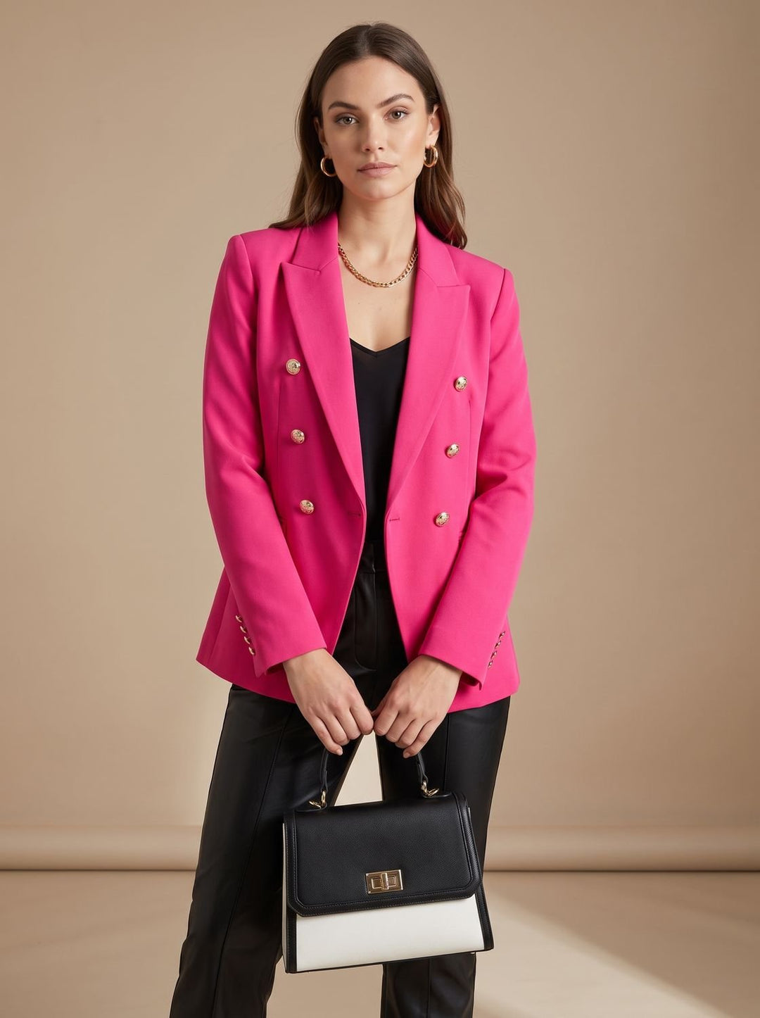 Women's Tailored Double-Breasted Gold-Button Blazer, Navy Blue - Pink