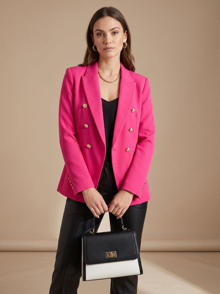 Women's Tailored Double-Breasted Gold-Button Blazer, Navy Blue - Pink