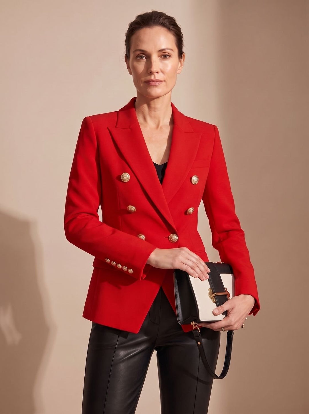 Women's Tailored Double-Breasted Gold-Button Blazer, Navy Blue - Red
