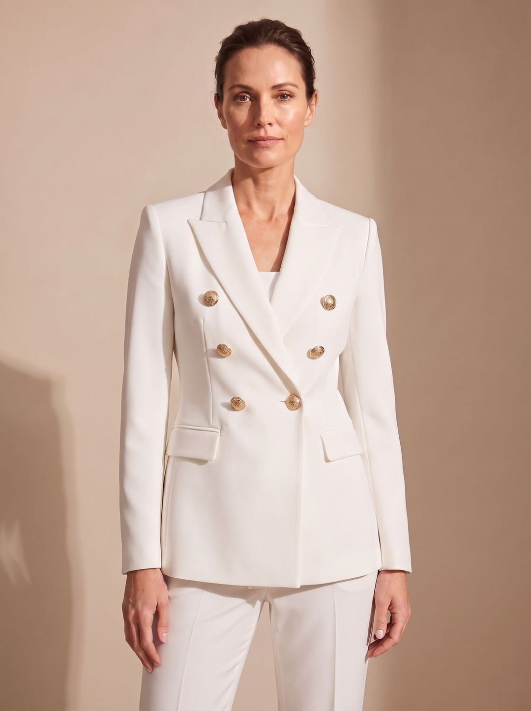 Women's Tailored Double-Breasted Gold-Button Blazer, Navy Blue - White