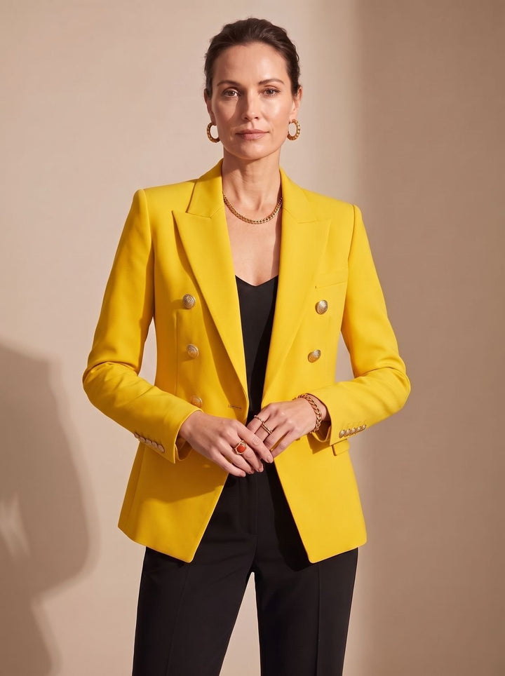 Women's Tailored Double-Breasted Gold-Button Blazer, Navy Blue - Yellow