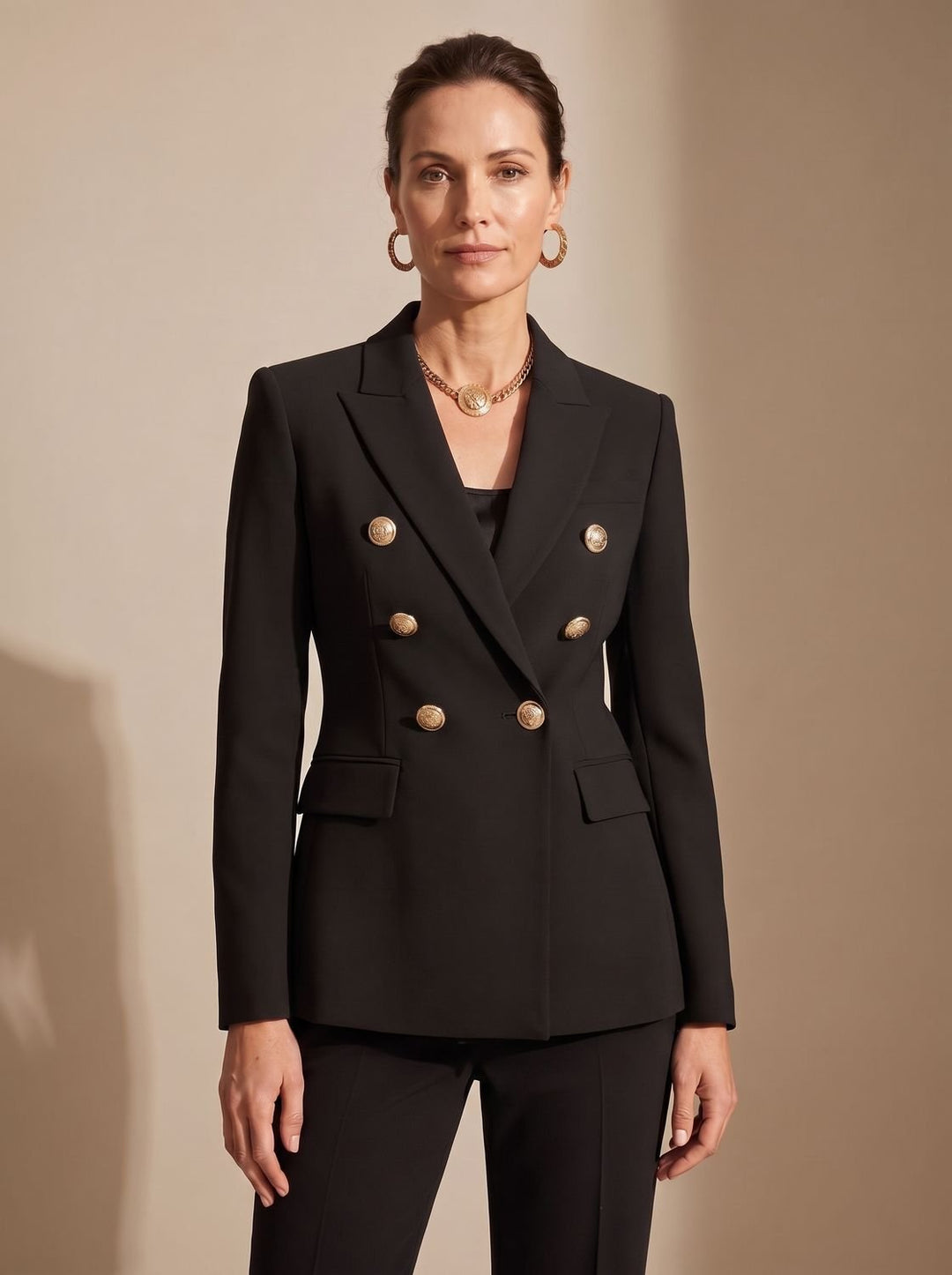 Women's Tailored Double-Breasted Gold-Button Blazer, Navy Blue