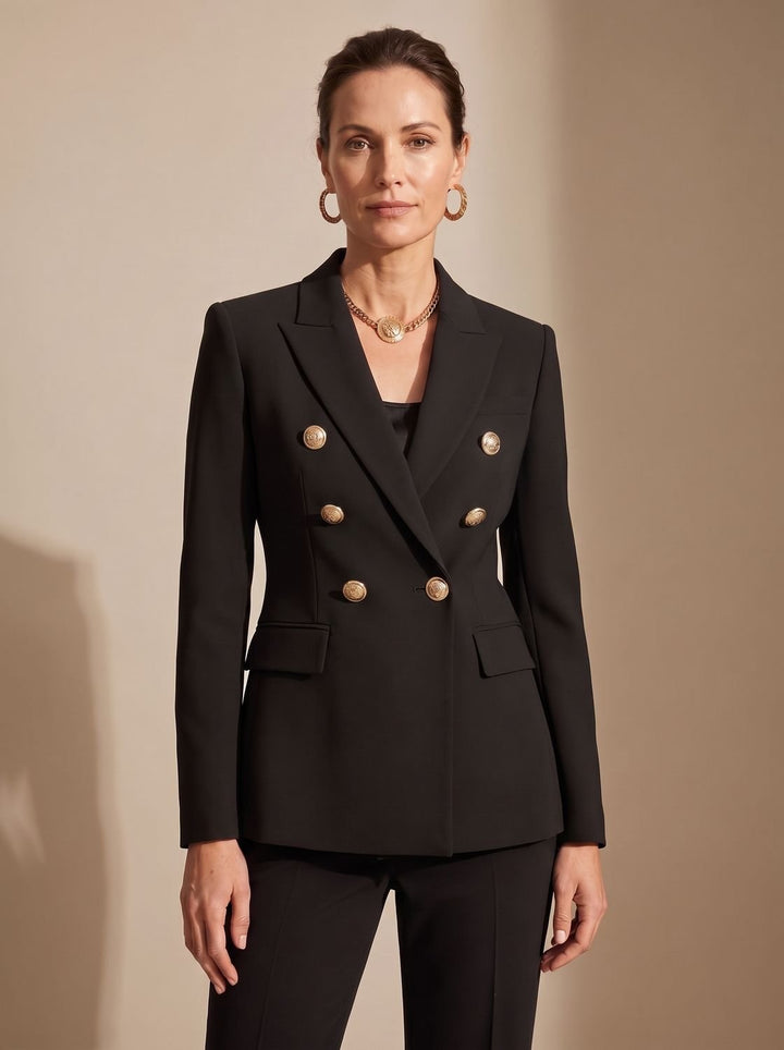 Women's Tailored Double-Breasted Gold-Button Blazer, Navy Blue