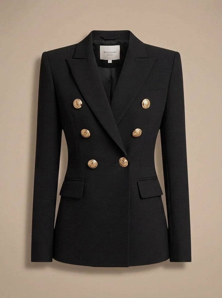 Women's Tailored Double-Breasted Gold-Button Blazer, Navy Blue
