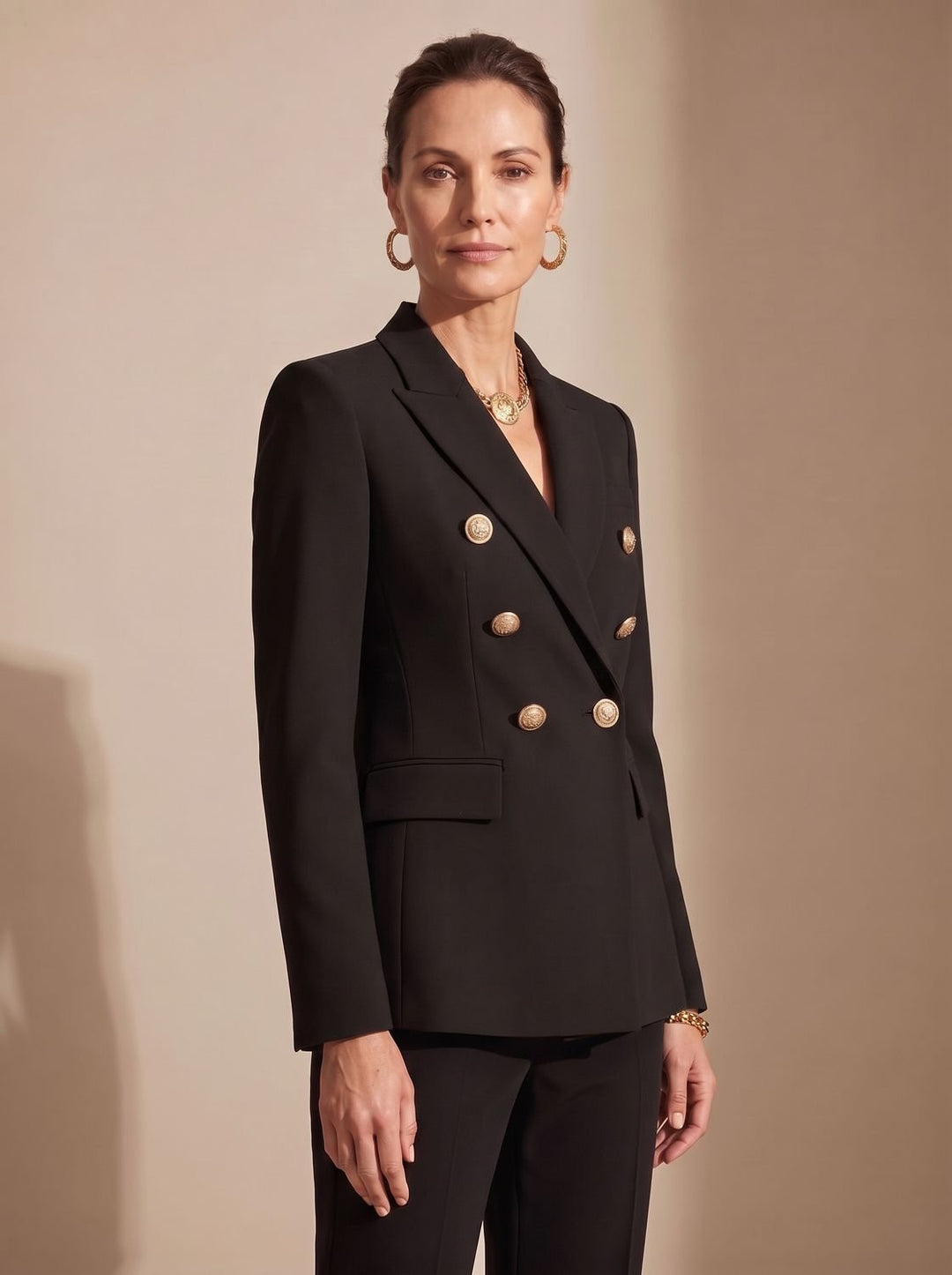 Women's Tailored Double-Breasted Gold-Button Blazer, Navy Blue