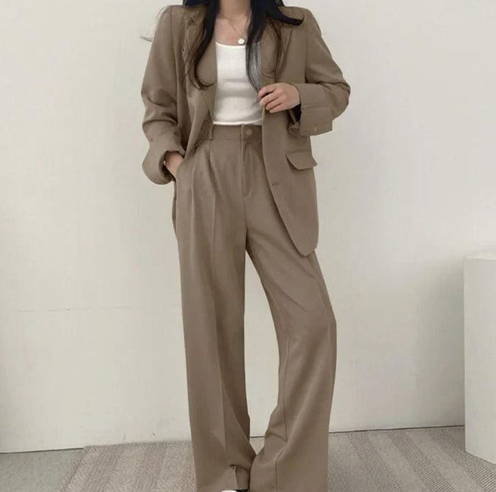 Women's Tailored Long Blazer High-Waist Trouser Suit Set