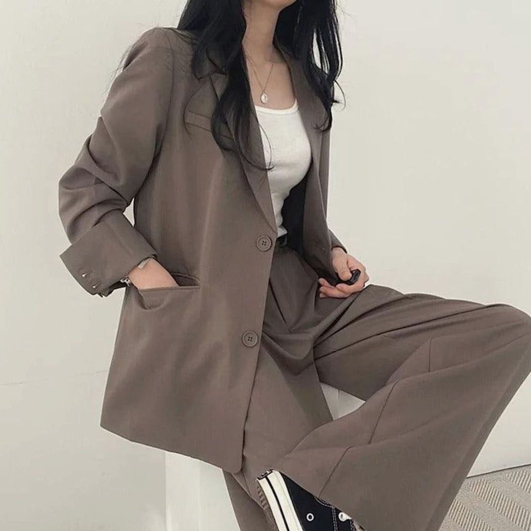 Women's Tailored Long Blazer High-Waist Trouser Suit Set