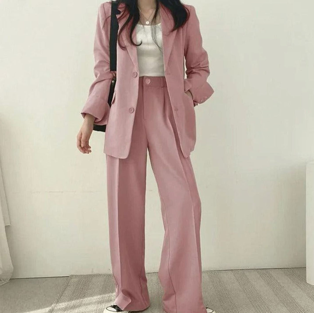 Women's Tailored Long Blazer High-Waist Trouser Suit Set