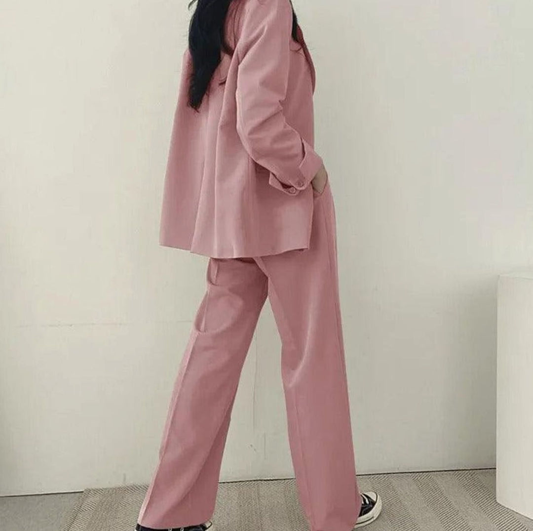 Women's Tailored Long Blazer High-Waist Trouser Suit Set