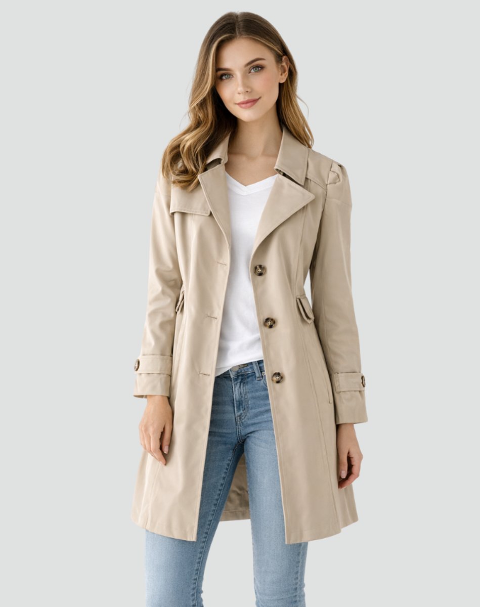 Women's Tailored Mid-Length Double-Breasted Trench Coat - Khaki