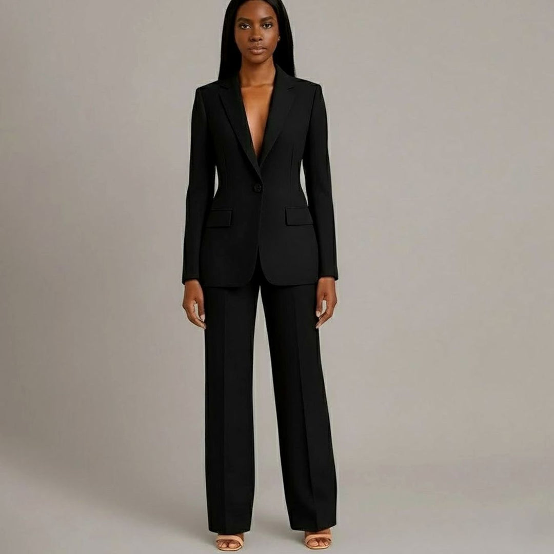 Women's Tailored Single-Button Blazer Pants Suit Set - Black
