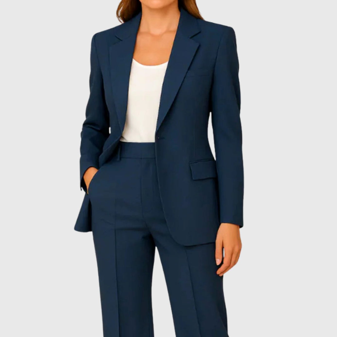 Women's Tailored Single-Button Blazer Suit Set Straight-Leg Pants - Navy