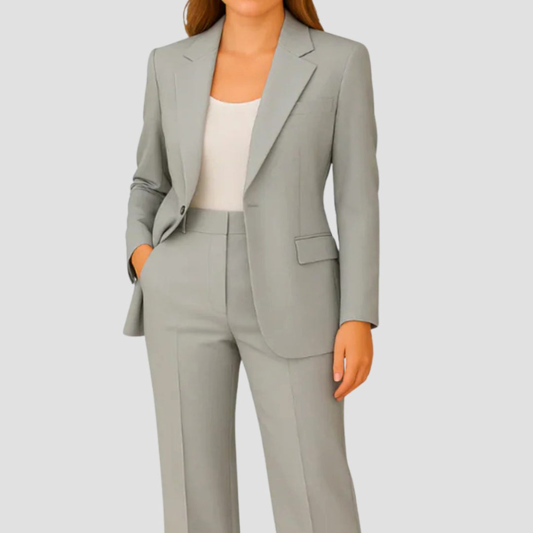 Women's Tailored Single-Button Blazer Suit Set Straight-Leg Pants - Grey