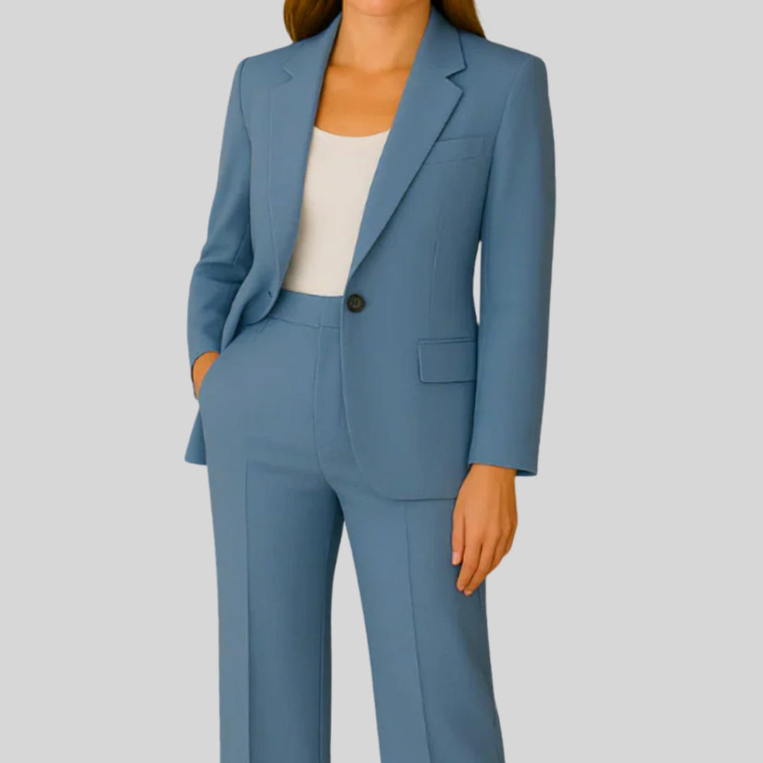 Women's Tailored Single-Button Blazer Suit Set Straight-Leg Pants - Blue