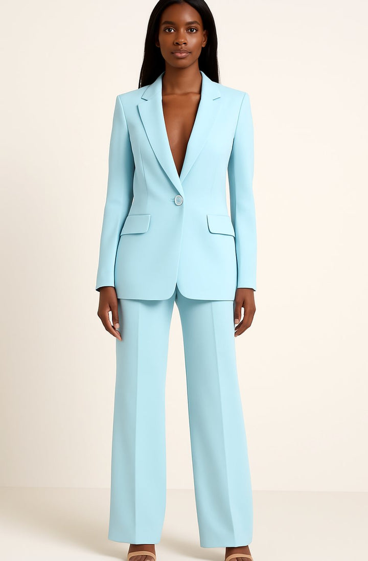 Women's Tailored Single-Button Blazer Wide-Leg Pants Suit Set - Turquoise