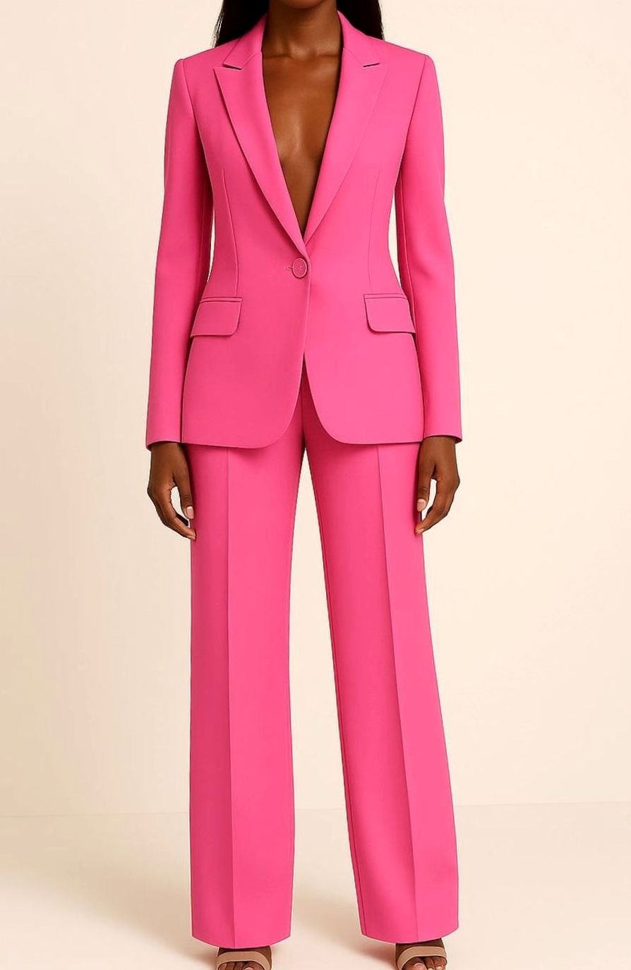 Women's Tailored Single-Button Blazer Wide-Leg Pants Suit Set - Pink