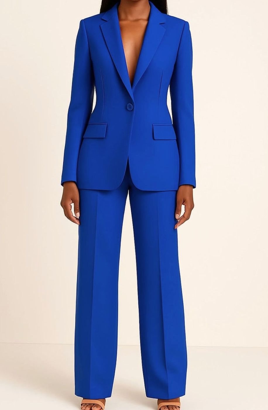 Women's Tailored Single-Button Blazer Wide-Leg Pants Suit Set - Blue
