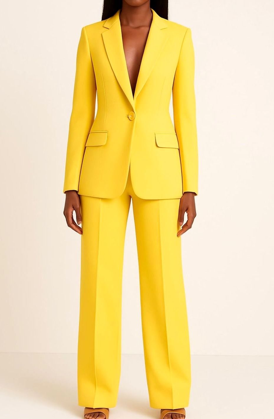 Women's Tailored Single-Button Blazer Wide-Leg Pants Suit Set - Yellow