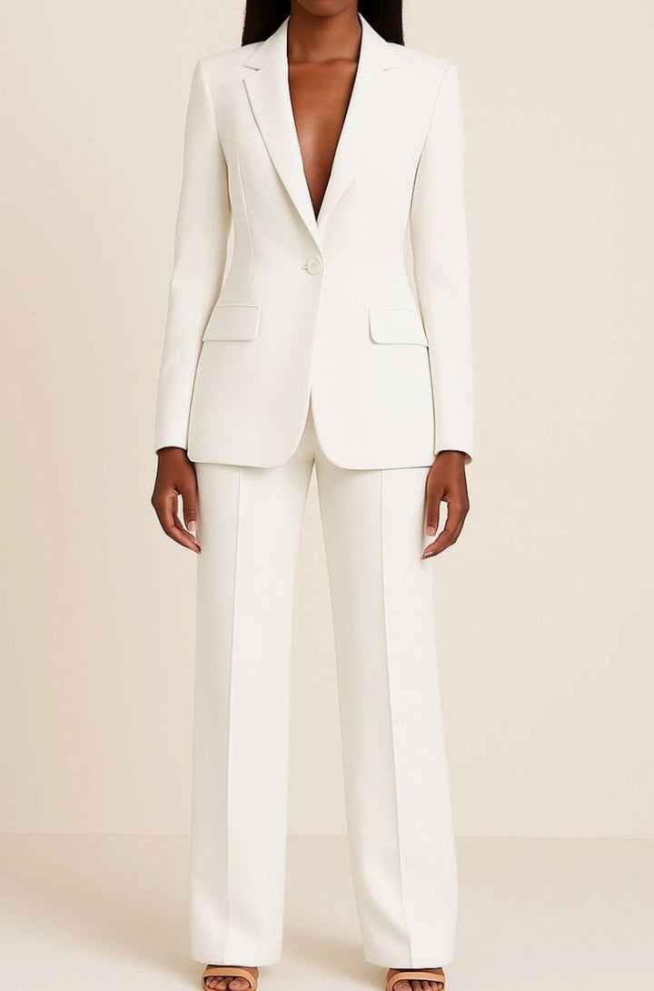 Women's Tailored Single-Button Blazer Wide-Leg Pants Suit Set - White