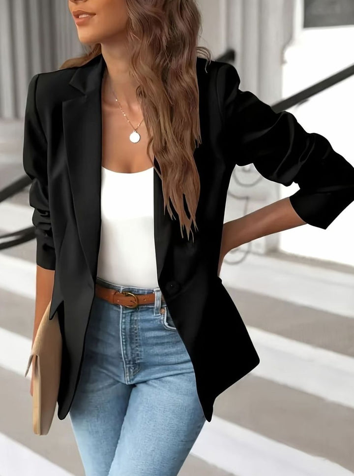 Women's Tailored Single-Button Casual Blazer Ruched Sleeves - Black