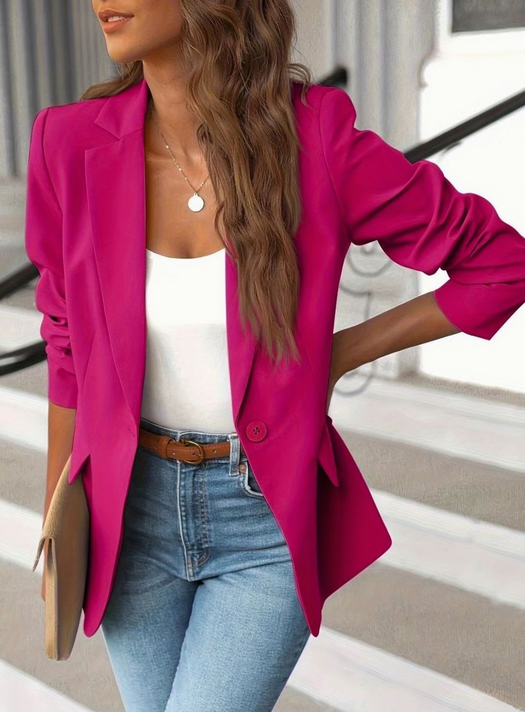 Women's Tailored Single-Button Casual Blazer Ruched Sleeves - Pink