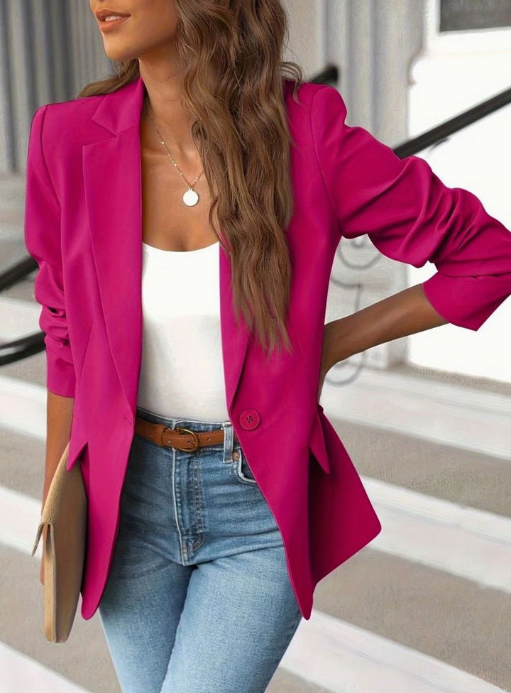 Women's Tailored Single-Button Casual Blazer Ruched Sleeves - Pink