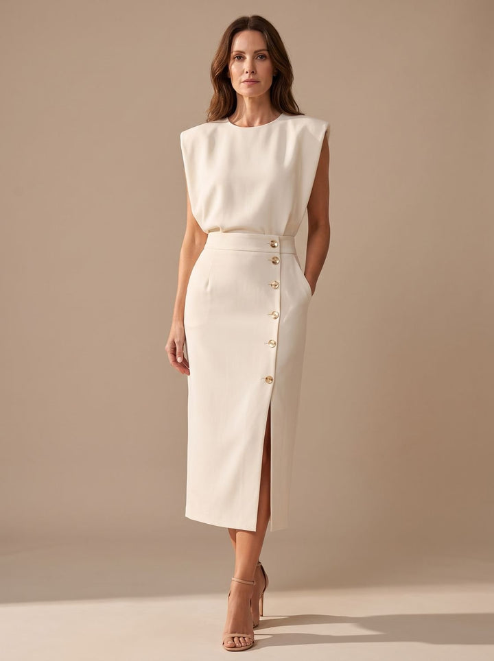 Women's Tailored Sleeveless Midi Dress Gold Button Front-Slit - White