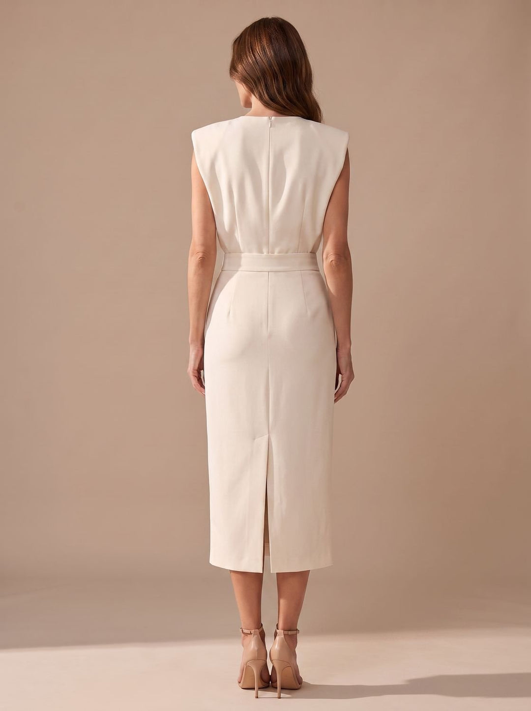 Women's Tailored Sleeveless Midi Dress Gold Button Front-Slit