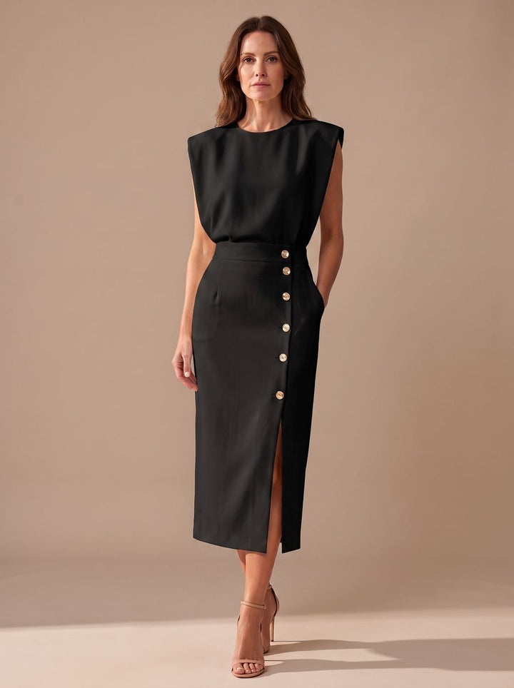 Women's Tailored Sleeveless Midi Dress Gold Button Front-Slit - Black