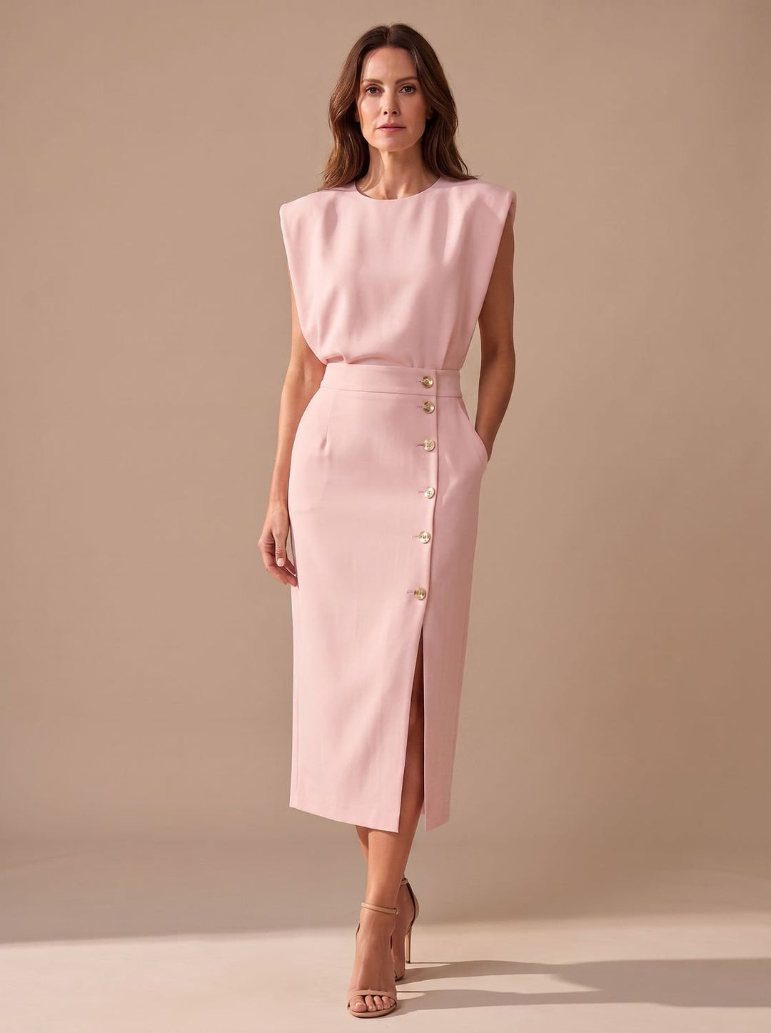 Women's Tailored Sleeveless Midi Dress Gold Button Front-Slit - Light Pink
