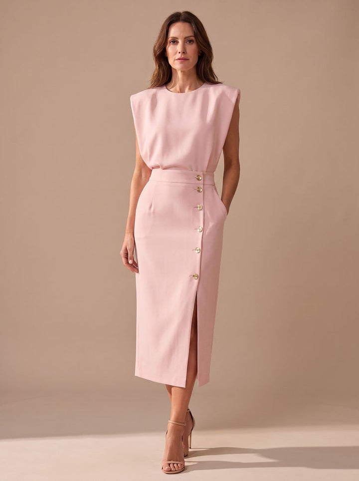 Women's Tailored Sleeveless Midi Dress Gold Button Front-Slit - Light Pink