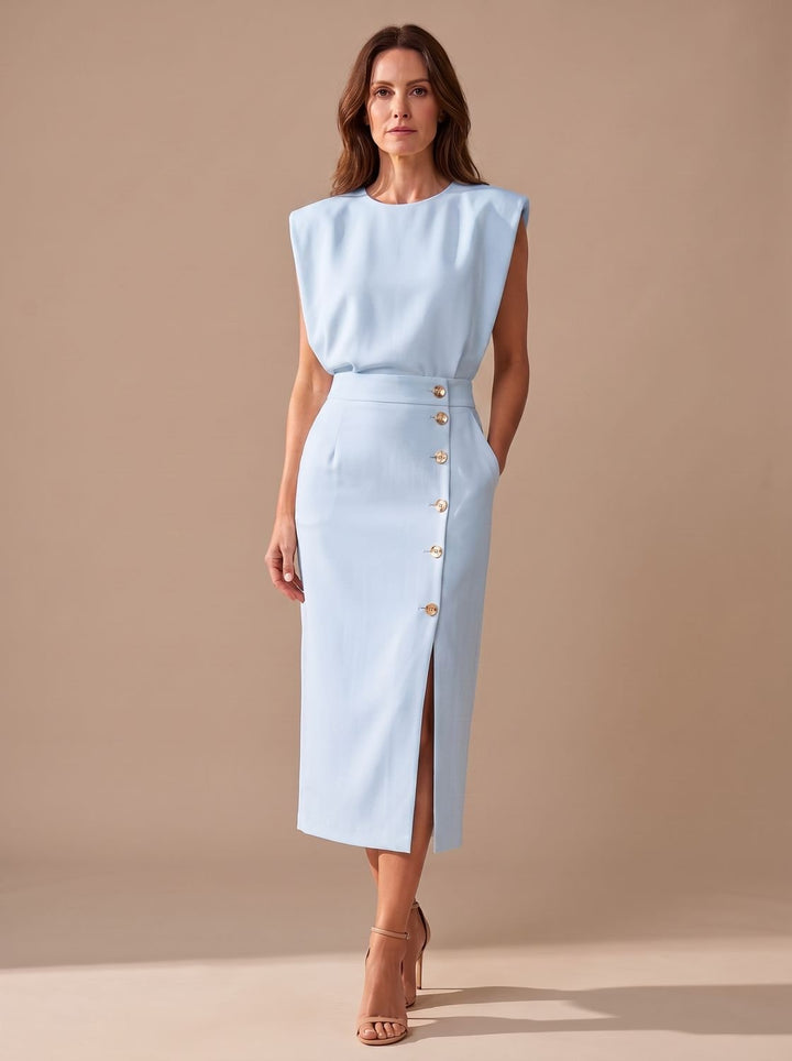 Women's Tailored Sleeveless Midi Dress Gold Button Front-Slit - Light Blue